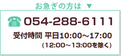 電話番号 0542848010　受付時間平日10時から17時(12時から13時を除く)